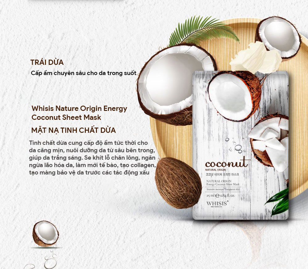 Mặt nạ tinh chất dừa Whisis Nature Origin Energy Sheet Mask cấp ẩm cho da căng mịn, sáng bóng