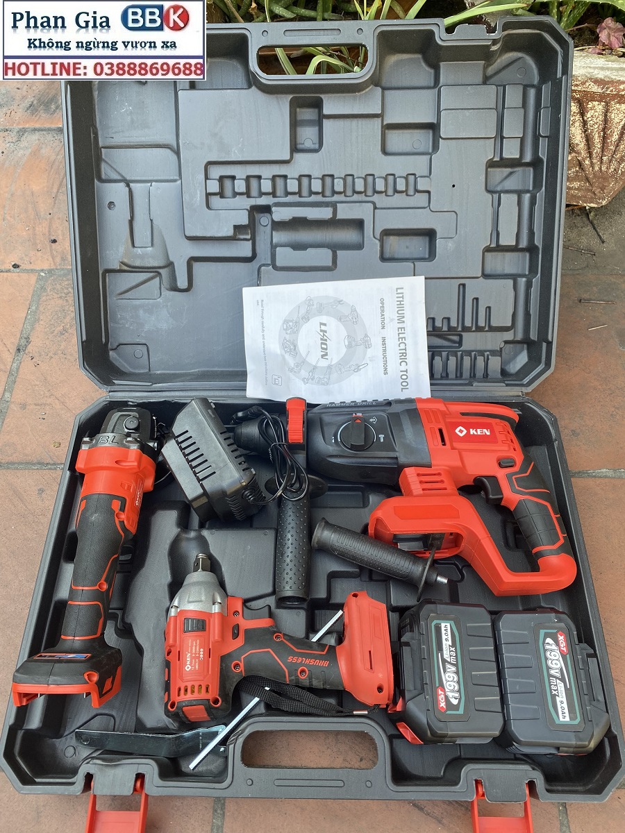 Bộ Combo 3 Trong 1 Gồm Máy Siết Bulong, Máy Mài Cầm Tay Và Máy Khoan Đục Bê Tông Dùng Pin 199V, 2 Pin 15 Cell