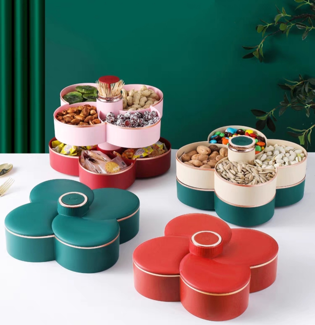 Khay đựng mứt tết Hoa Đào Tết 2 Tầng kèm lọ đựng tăn 2 in 1 - Khay đựng đồ ngày tết: Bánh kẹo, trái cây, đồ sấy
