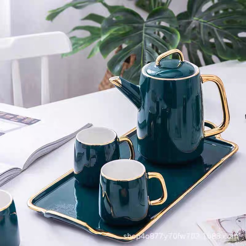Bộ ấm chén sứ xanh cổ vịt kèm khay viền vàng