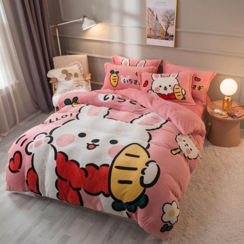 Bộ Chăn Ga Gối Nỉ Nhung Họa Tiết Thỏ Bông Trắng