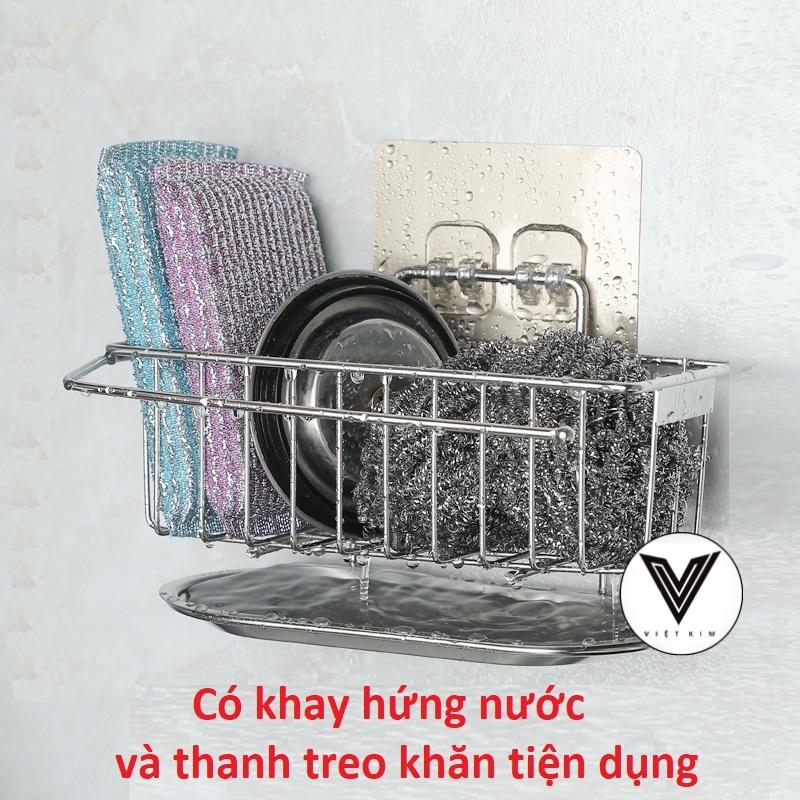 Kệ Inox Để Đồ Rửa Bát Dán Tường Kèm Khay Hứng Nước, Móc Treo Khăn Đa Năng - Giá Để Đồ Rửa Bát