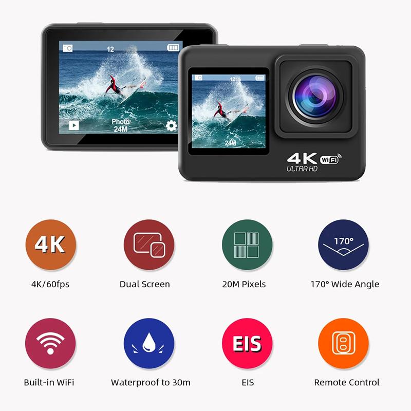 Waywalkers S60-TR Hành động Camera 2 inch Ultra HD 4K 60fps 1080p WiFi 170D dưới nước Chỗ mũ bảo hiểm không thấm nước