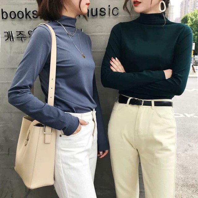 Áo giữ nhiệt nữ thu đông cổ lọ vải cotton co giãn
