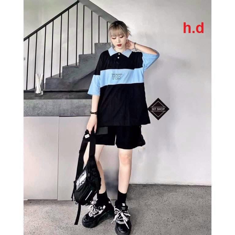 Sét bộ unisex dáng thụng áo cổ bẻ polo và quần sooc