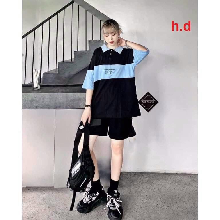 (rẻ và đẹp) Sét bộ unisex dáng thụng áo cổ bẻ polo và quần sooc