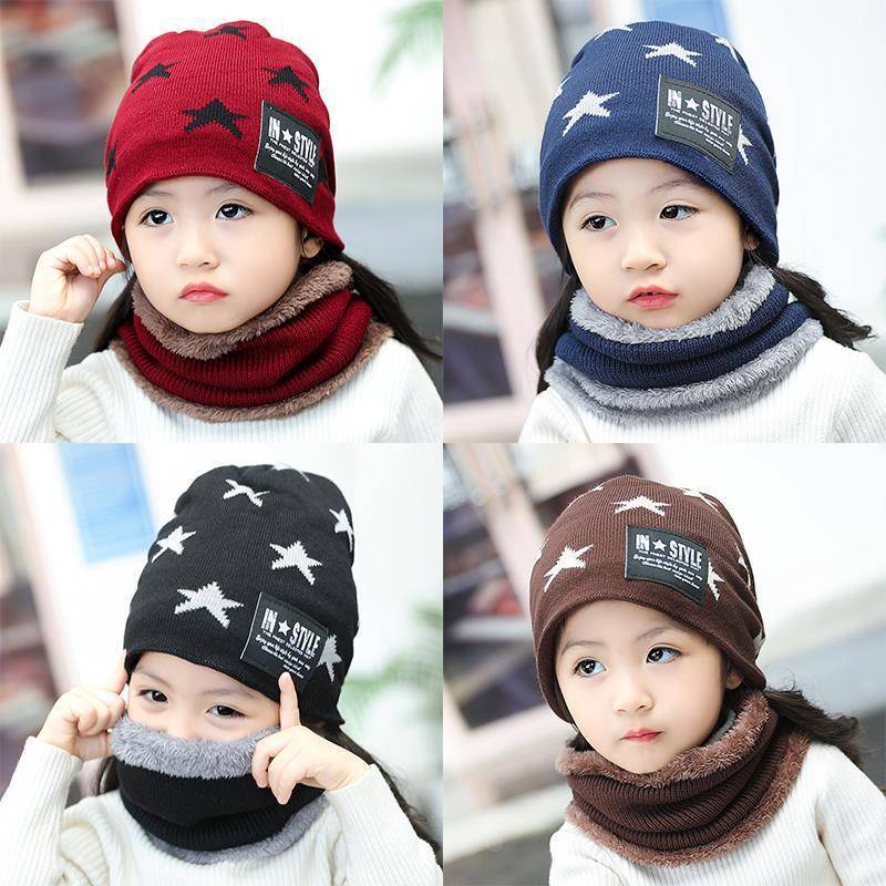 Mũ len ngôi sao kèm khăn ống quàng cổ giữ ấm cho bé trai  và  bé gái từ  2  -  7 tuổi 