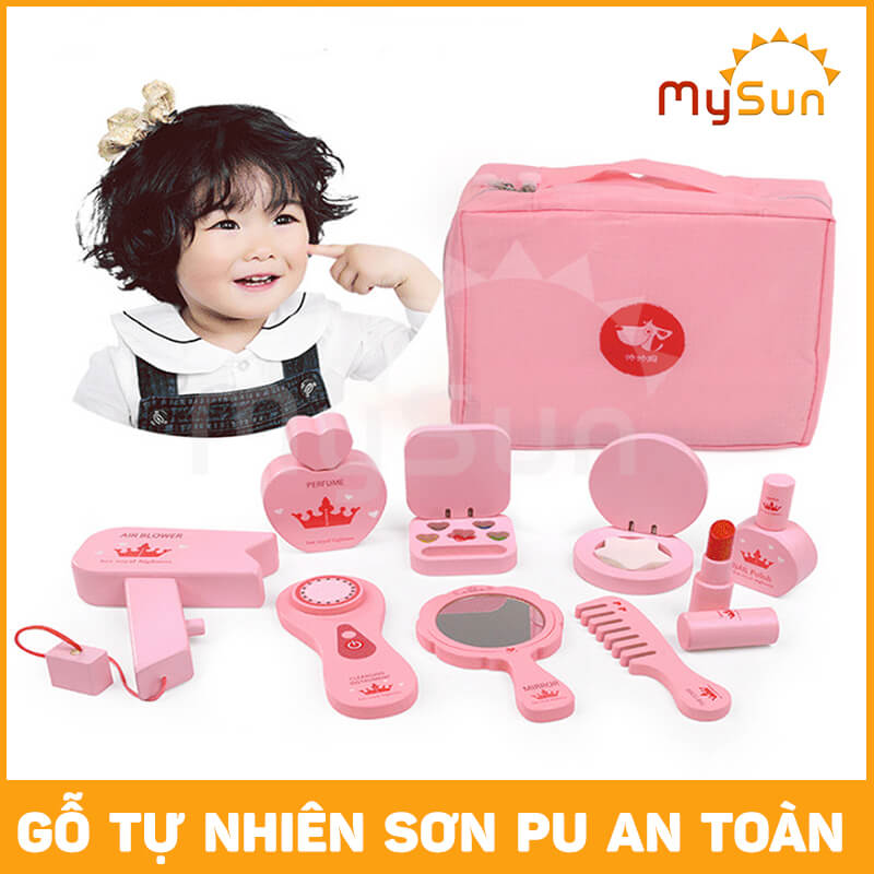 Bộ vali đồ chơi TRANG ĐIỂM trẻ em bằng GỖ như thật cho bé tặng có túi vải MySun