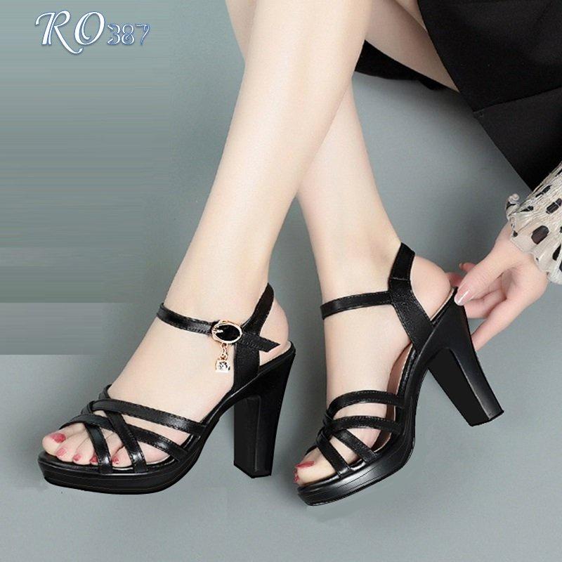 Sandal nữ quai mảnh chéo, da lì cao cấp ROSATA RO387 cao 8p - Đen - HÀNG VIỆT NAM - BKSTORE