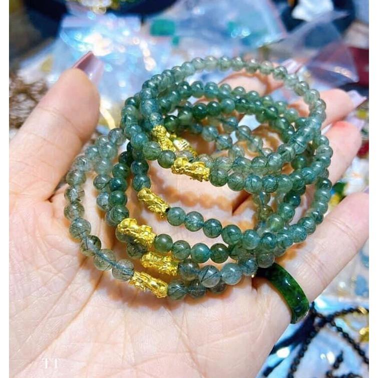 Vòng tay đá. Thach Anh Tóc Xanh Mix Tỳ Hưu Vàng
