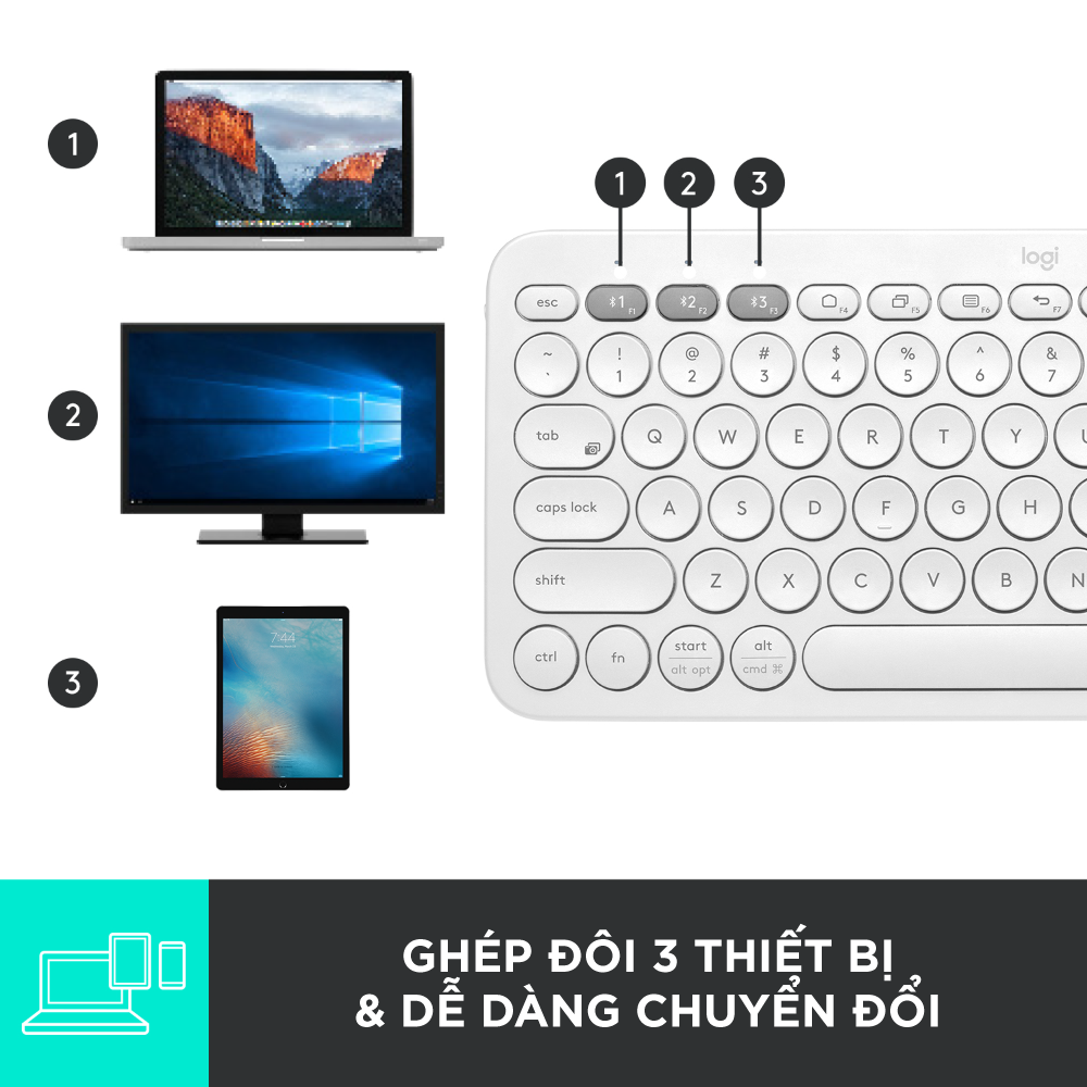 Bàn phím không dây Bluetooth Logitech K380 - Kết nối 3 thiết bị, giảm ồn, gọn nhẹ dễ mang đi, phù hợp Mac/ PC/ Laptop/ Điện thoại - Hàng chính hãng - Màu Trắng