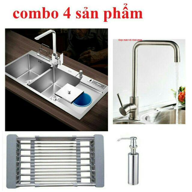 ComboChậu inox 304 1048 cao cấp chậu xã và rổ bình xà bông vòi