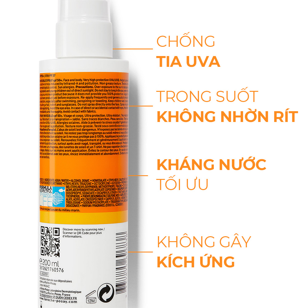 Xịt Chống Nắng Toàn Thân Không Màu La Roche-Posay Anthelios Invisible Spray SPF50+ 200ml (Tặng băng đô mèo xinh xắn)