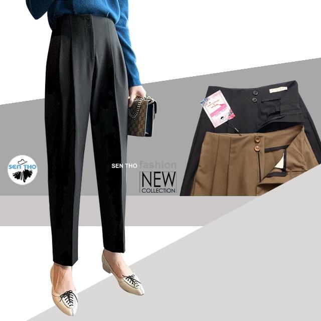 Quần Baggy Nữ Công Sở Xếp Ly Cạp Liền, Hai Khuy Chất Vải Cotton 2 Biên Nhẹ Mát Mau Đen Nâu Tây Trẻ Trung