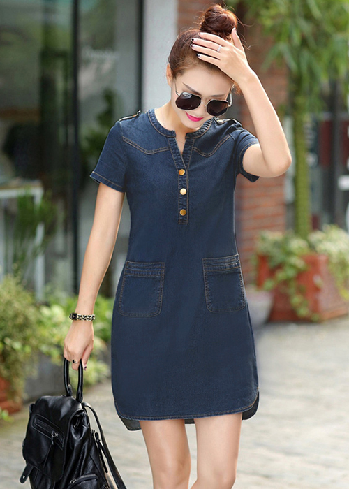Đầm Jean Phối Túi Cổ Trụ Duyên Dáng