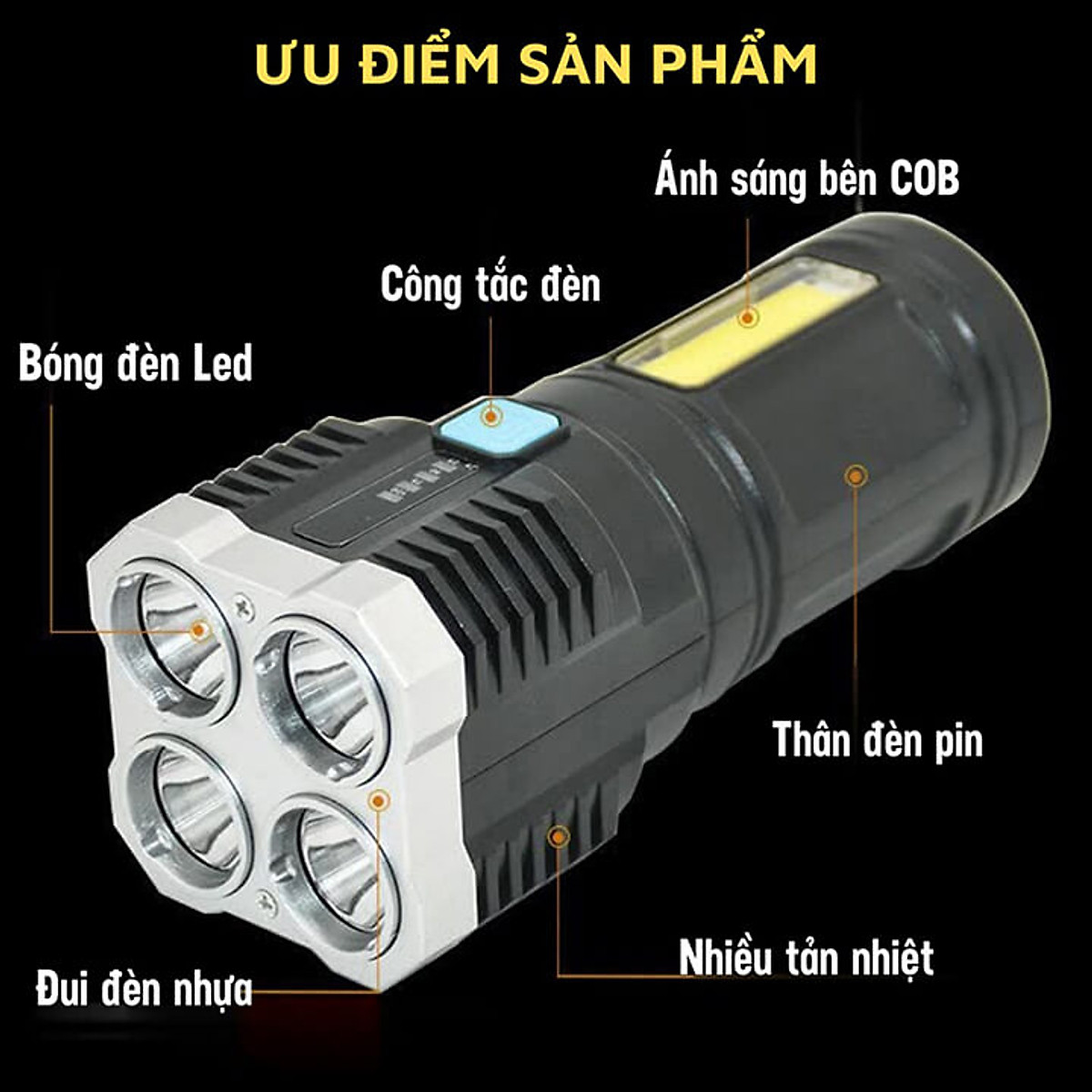 Đèn Pin Cầm Tay 4 Led Sạc USB Chống Thấm Nước Tiện Dụng Có COB Đèn LED Cạnh - Hàng Chính Hãng