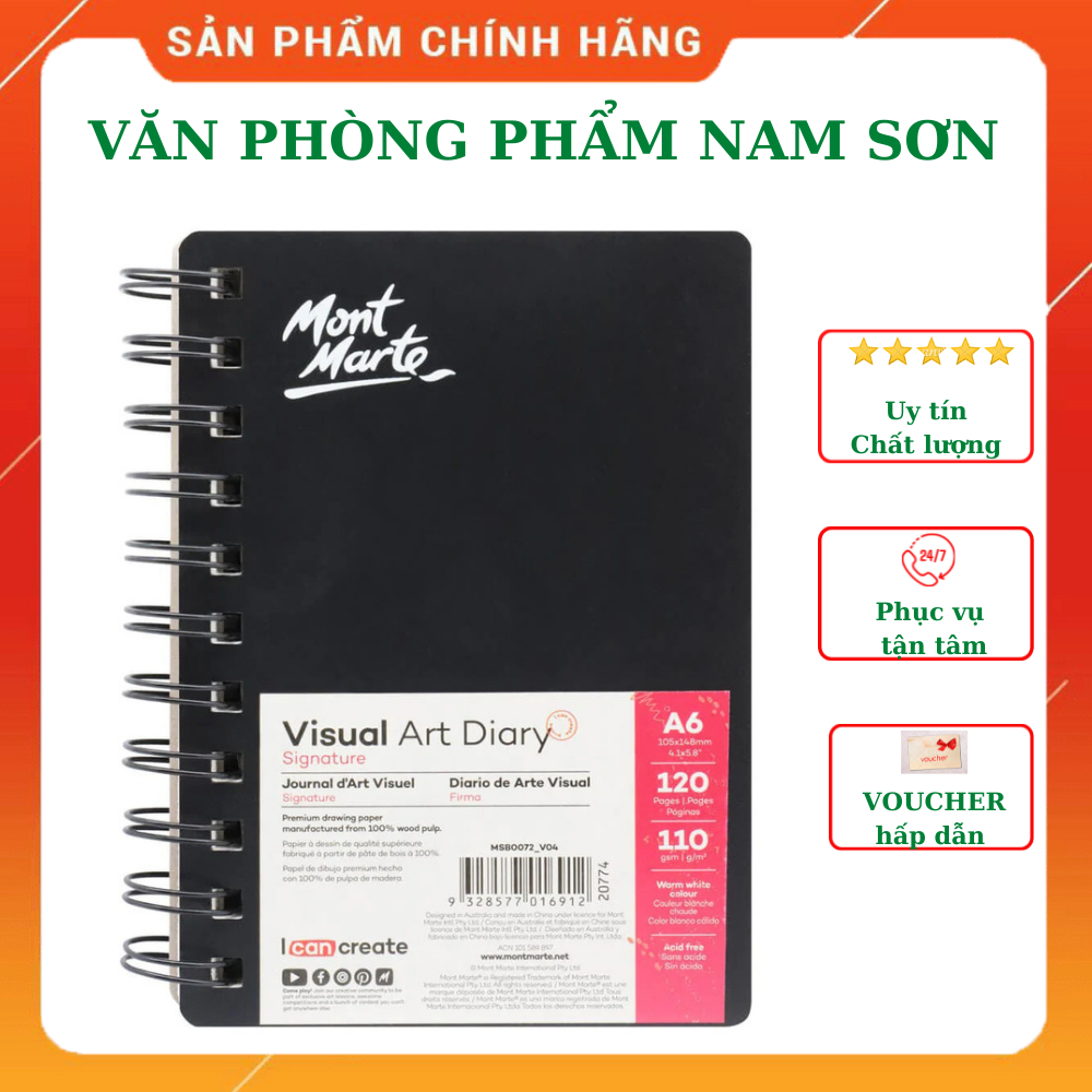 Sổ Sketch Mont Marte - Sổ vẽ chì gáy lò xo Visual Art Diary 110gsm A3,A4,A5,A6 120Page