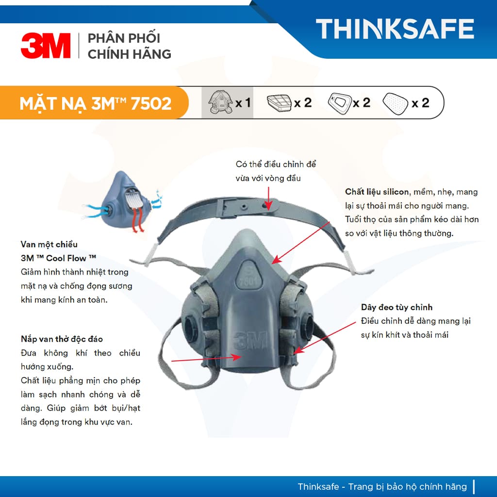 Mặt nạ phòng độc 3M 7502 bộ 7 món sử dụng phin 3M 6001 phun sơn hàn xì - lọc hơi hữu cơ