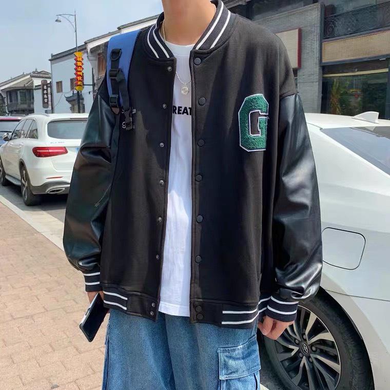 Áo Bomber Unisex Nam Nữ Tay Da Thêu Chữ G Dáng Thụng Cúc Bấm