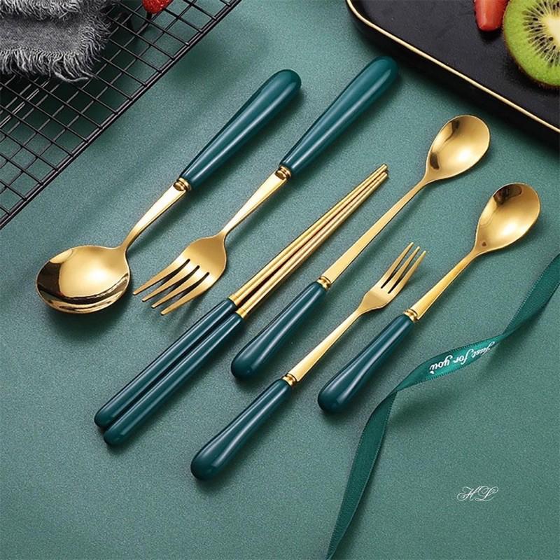 Thìa, dĩa mạ vàng cán sứ màu xanh cổ vịt