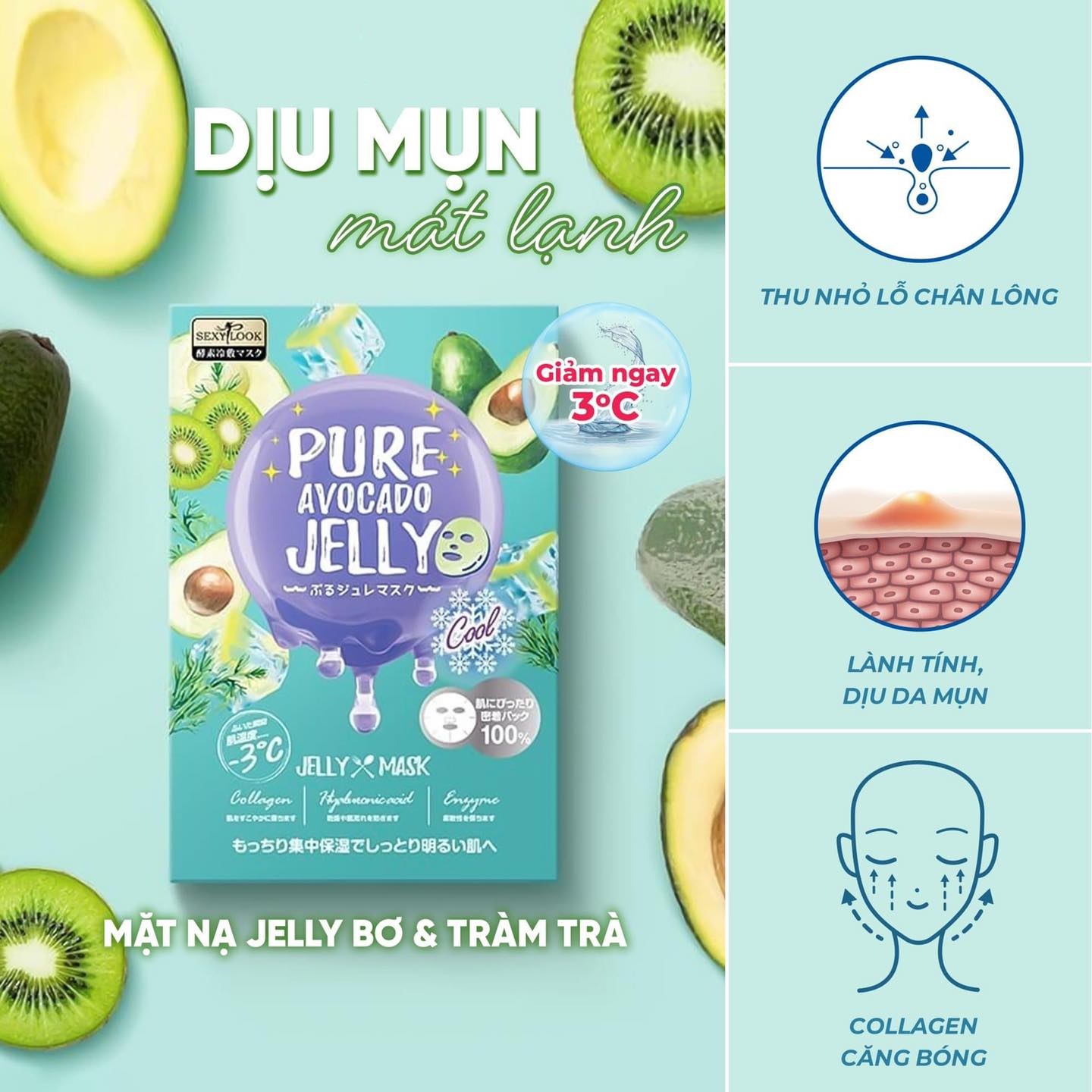 3 Miếng Mặt Nạ Sexylook Pure Avocado Cooling Cool Jelly Mask 38ml