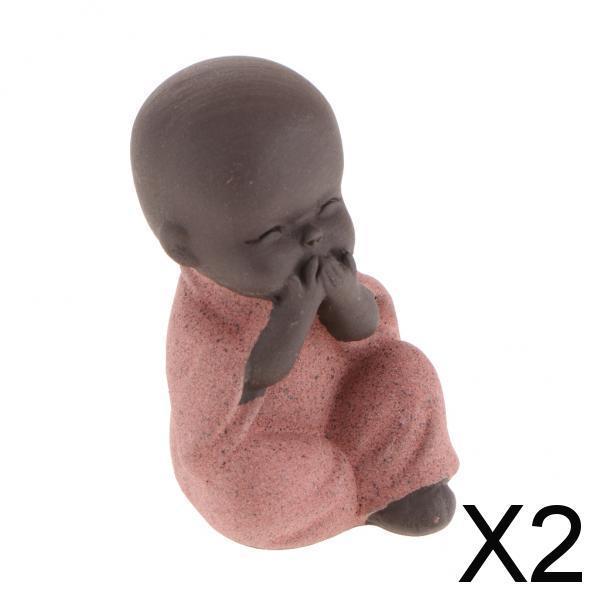2xCeramic Small Buddha Statue Monk Figurine Tea pet Decorative Ornaments Red
