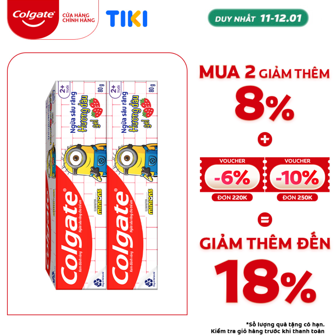 Bộ 2 Kem đánh răng Colgate Minion cho trẻ em hương dâu 80g/tuýp