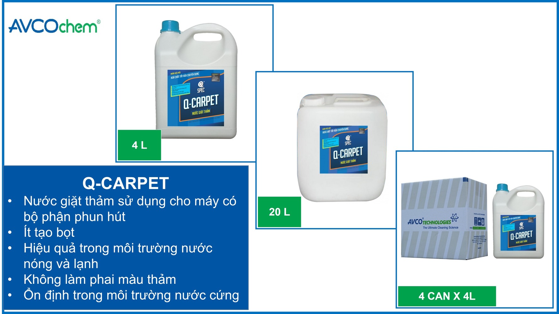 Nước Vệ Sinh Thảm AVCOChem - Q-CARPET - Siêu Sạch Siêu Tiết Kiệm - can 4 lít - Hàng Chính Hãng