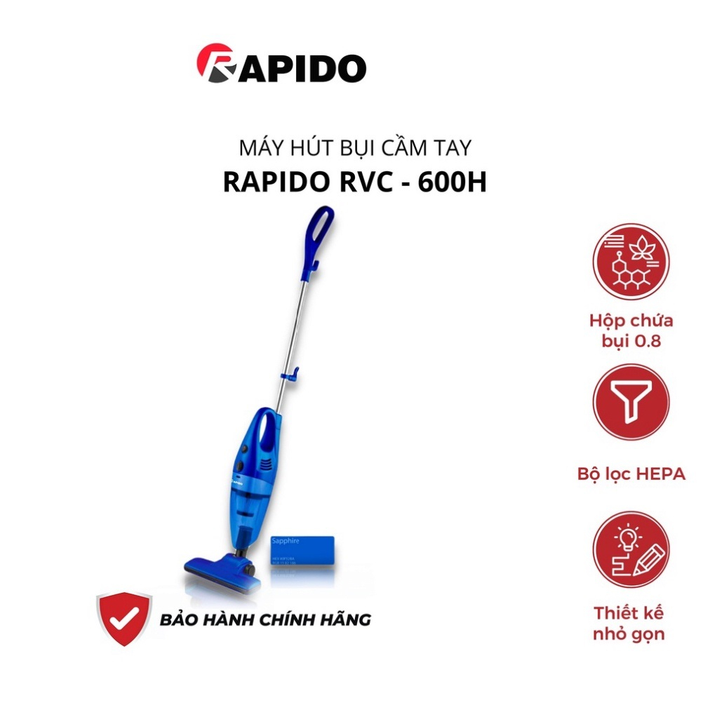 Máy hút bụi cầm tay Rapido RVC-600H lực hút 15.000PA ionizer diệt khuẩn, lọc bụi mịn, phù hợp mọi gia đình, BH 12 tháng - Hàng chính hãng