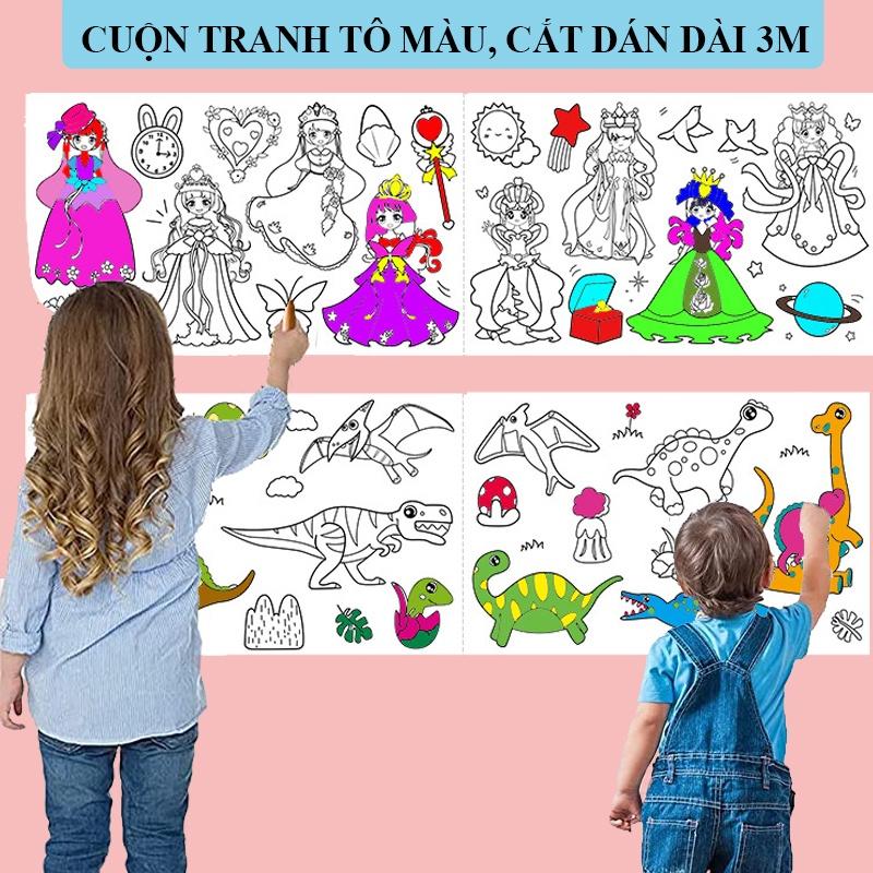 Cuộn tranh tô màu 3m 7 CHỦ ĐỀ có thể cắt dán làm sticker dài 3m rộng 30cm cho bé, dán lên tường không bong