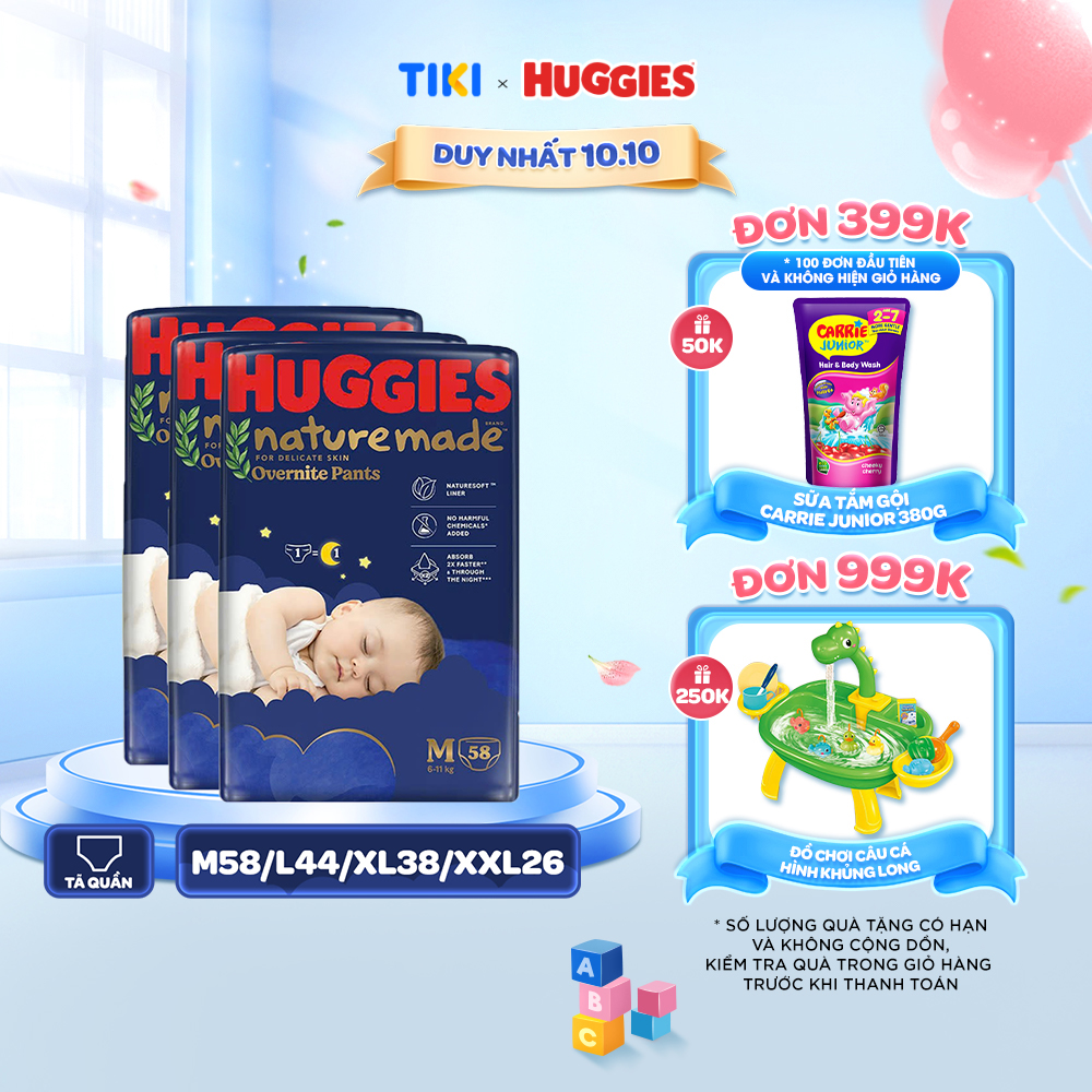 Combo 3 Tã quần Huggies Naturemade ban đêm M58/L44/XL38/XXL26