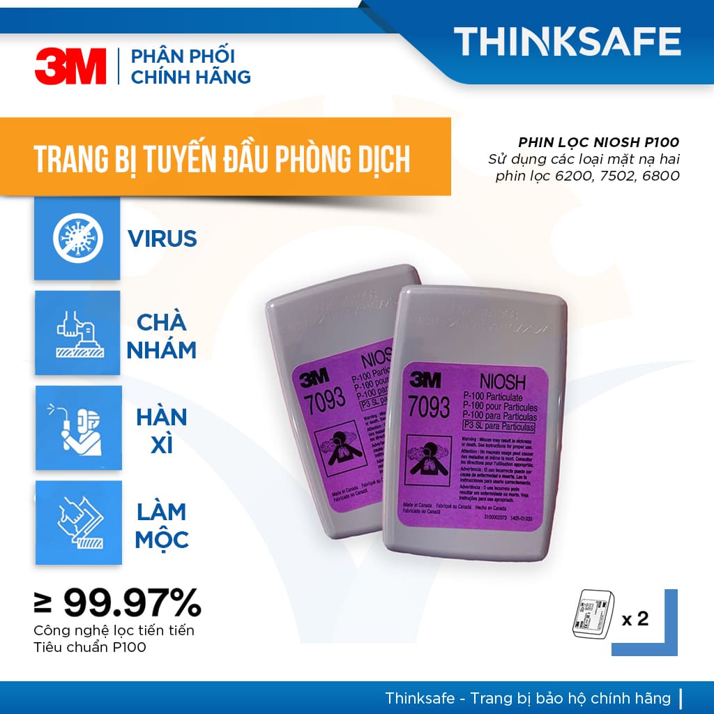 Mặt nạ phòng dịch 3M chính hãng Thinksafe, tiêu chuẩn N95, P100, phòng dịch, lọc bụi mịn pm2, bảo vệ hô hấp - 6200/7093