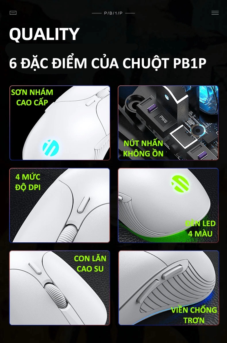 Chuột có dây INPHIC PB1P 6 nút với độ DPI lên đến 4800 phù hợp cho game thủ, văn phòng, photoshop - HÀNG CHÍNH HÃNG