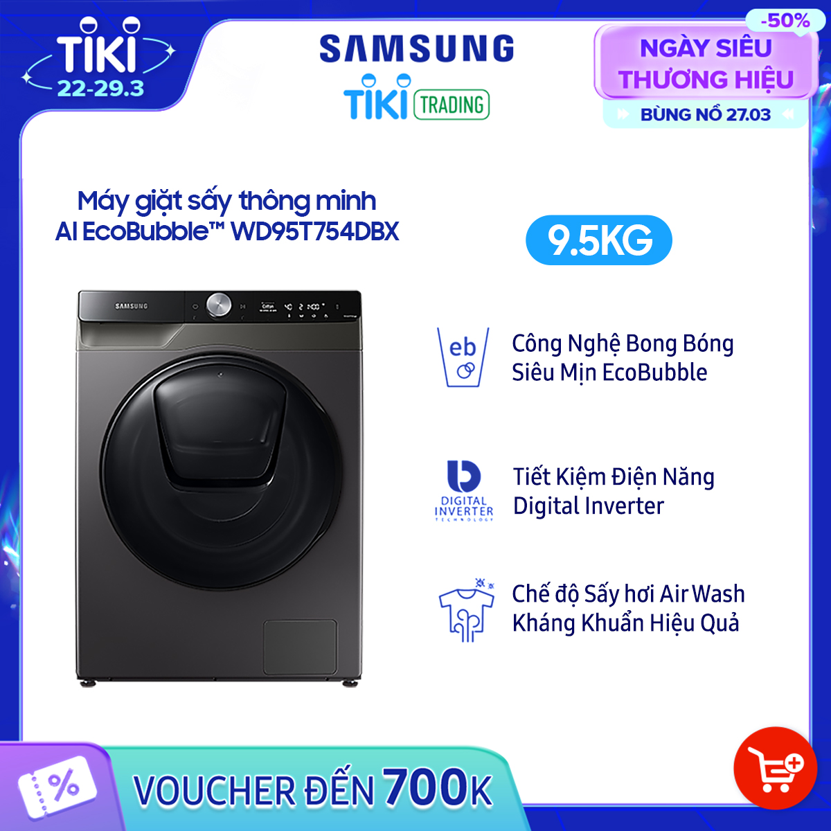 Máy Giặt Sấy Samsung Addwash Inverter 9.5kg WD95T754DBX/SV - Chỉ Giao HCM