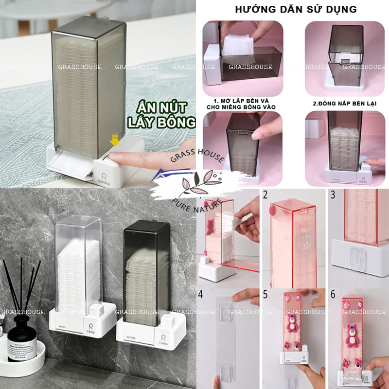 HỘP ĐỰNG BÔNG TẨY TRANG TREO TƯỜNG HOẶC ĐỂ TRÊN BÀN, BẤM NÚT TIỆN DỤNG CHỐNG BỤI