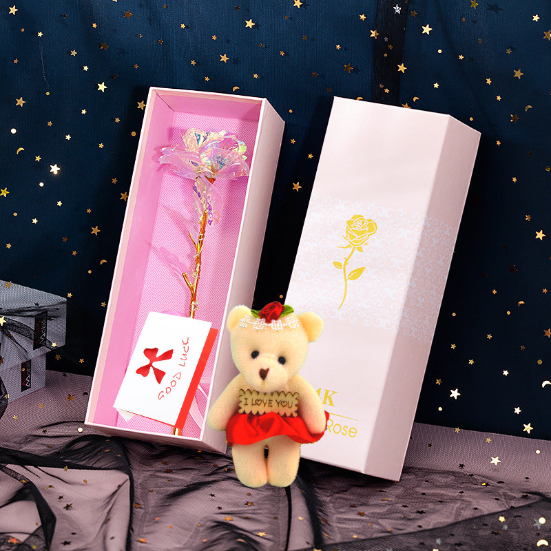 Quà Valentine, Quà 8/3 Ý Nghĩa Tặng Bạn Gái - Hoa Hồng Galaxy Phát Sáng Golden Rose Có Đèn Led Kèm Gấu Bông Nhỏ Và Thiệp Chúc Mừng (New Version