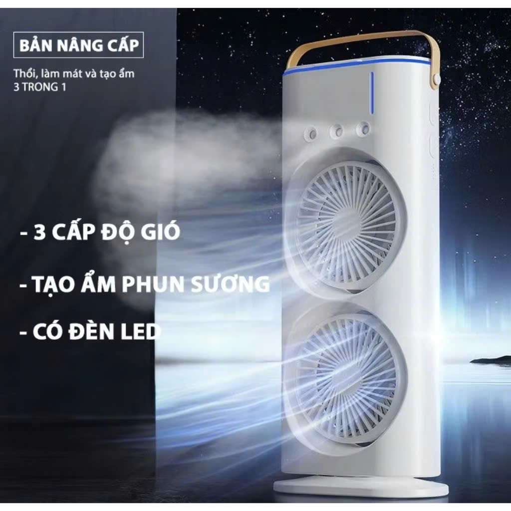 Quạt Điều Hoà 2 Cánh Gió Tạo Độ Ẩm, Phun Sương Làm Mát, Tích Điện 4000mAh, Đèn Ngủ Đa Sắc - HÀNG CHÍNH HÃNG MINIIN