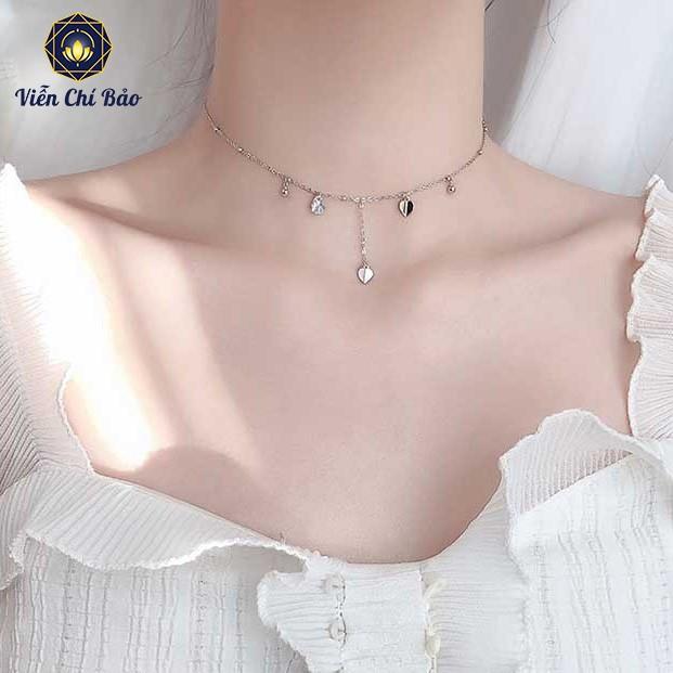 Vòng cổ choker bạc nữ mix cham trái tim dây xích ngắn mặt bi