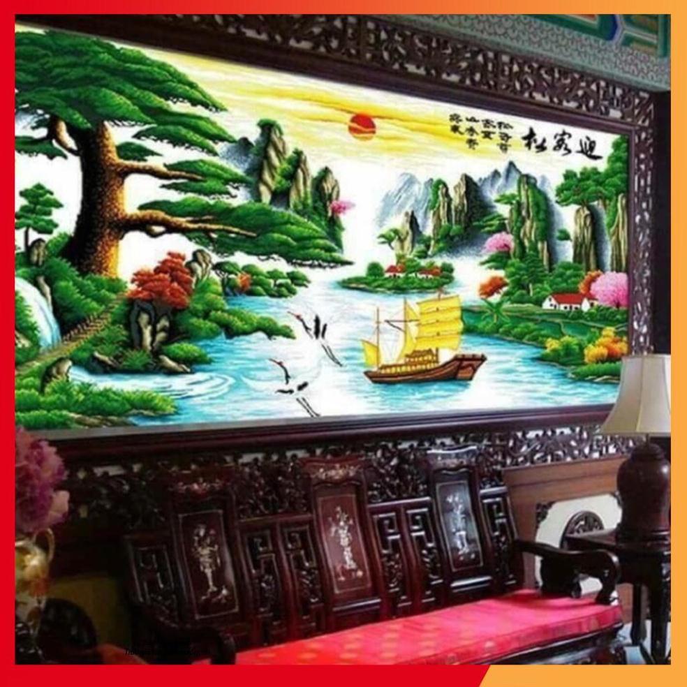 Tranh thêu chữ thập phong cảnh khổ lớn 195x103cm ( thuận buồn xuôi gió)