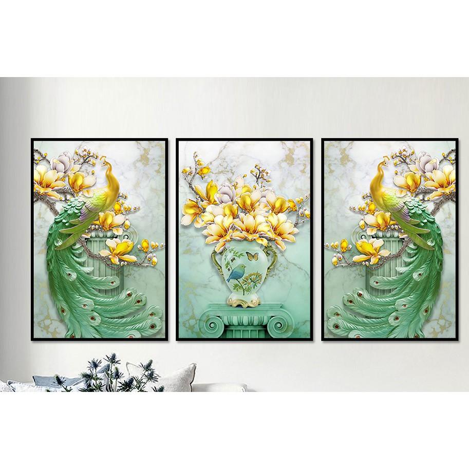 Bộ tranh treo tường phong thủy trang trí nội thất chim công mẫu đơn
