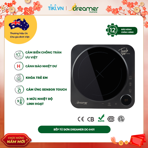 Bếp Điện Từ Đơn Dreamer DC-IH01 2200W, 9 Mức Công Suất, 9 Mức Nhiệt Độ, Chống Tràn, Cảnh Báo Nhiệt Dư, Khóa Trẻ Em, Cảm ứng Sensor Touch - Hàng Chính Hãng