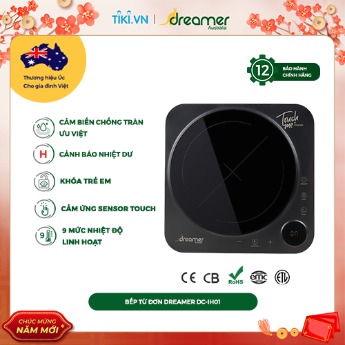 Bếp Điện Từ Đơn Dreamer DC-IH01 2200W, 9 Mức Công Suất, 9 Mức Nhiệt Độ, Chống Tràn, Cảnh Báo Nhiệt Dư, Khóa Trẻ Em, Cảm ứng Sensor Touch, Bảo Hành 12 Tháng - Hàng Chính Hãng