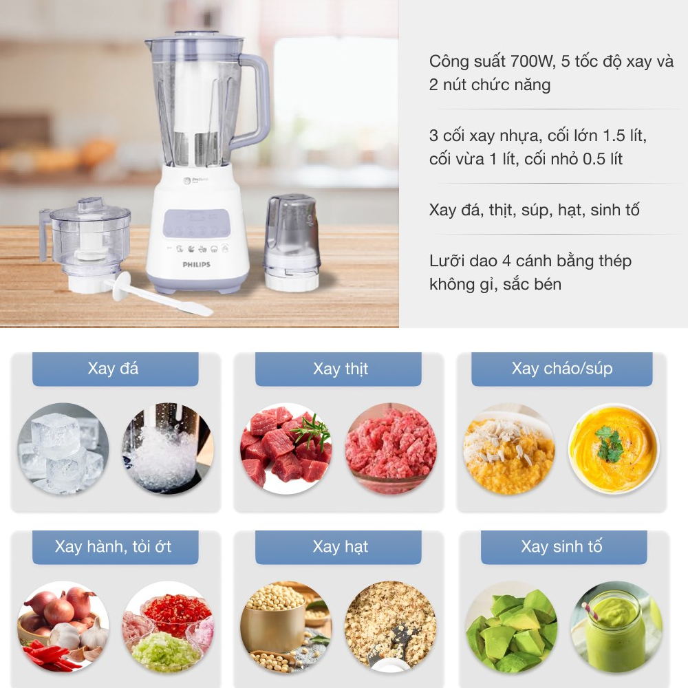 Máy xay sinh tố đa năng Philips HR2223/00 công suất 700W, 3 cối - Hàng chính hãng