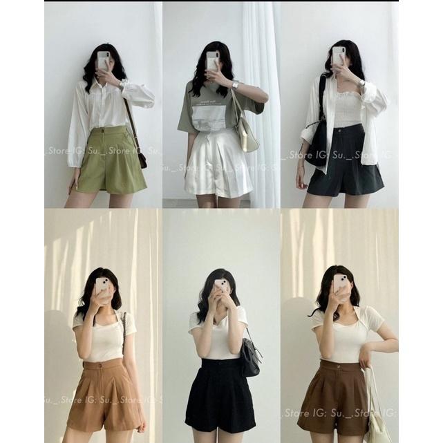 Quần short vải cạp chun ống xếp ly basic