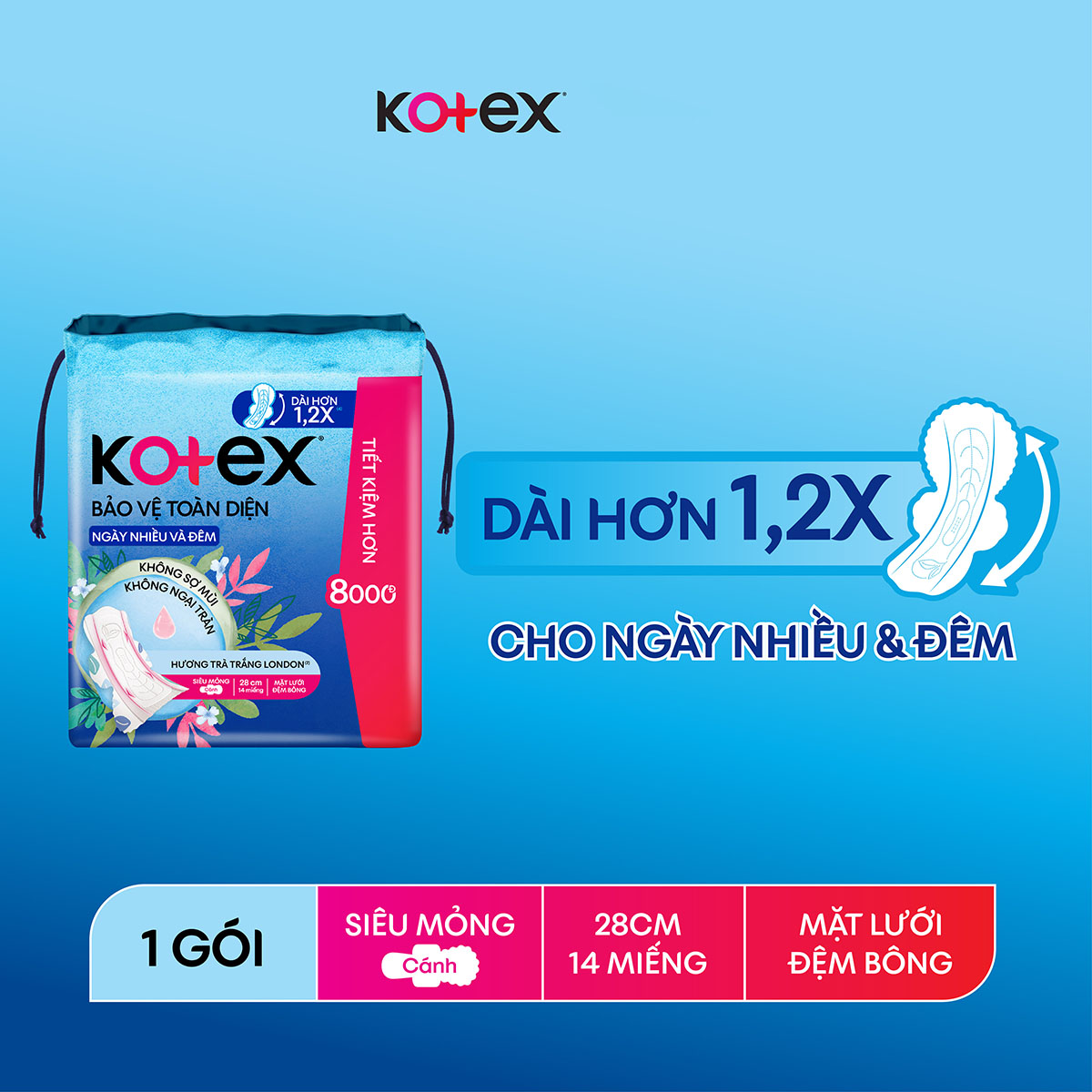 Combo 2 gói Băng Vệ Sinh Kotex Bảo Vệ Toàn Diện Ngày Nhiều và Đêm 28cm SMC - Gói 14 miếng