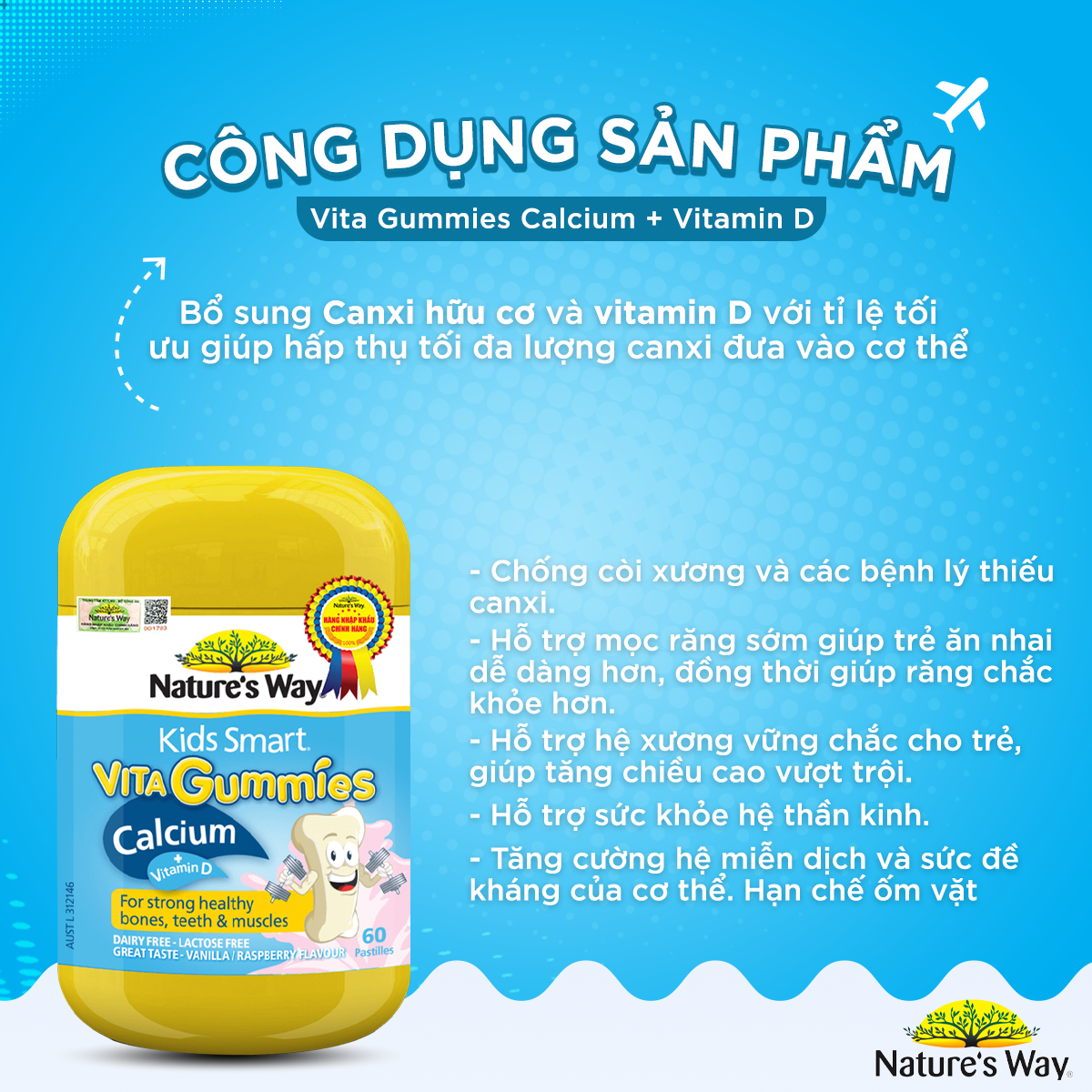 Combo 2 Hộp Kẹo Dẻo Canxi Cho Bé Nature’s Way Kids Smart Vita Gummies Calcium + Vitamin D 60 Viên