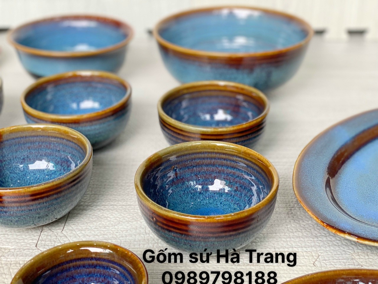 Bộ bát đĩa gốm sứ Bát Tràng cao cấp men hoả biến thiên thanh HBTT001