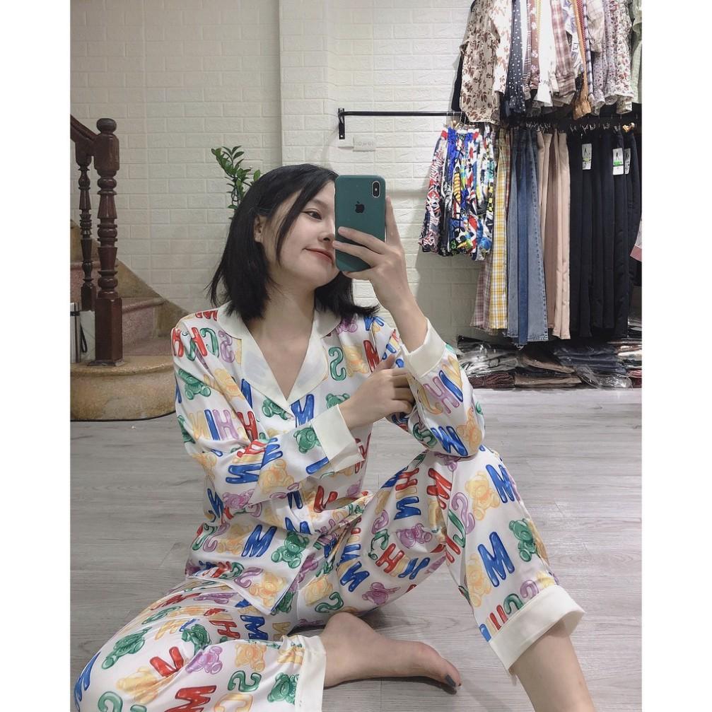 freeship Đồ ngủ nữ pijama dài tay lụa Satin họa tiết chữ siêu đẹp ( Hàng loại đẹp)