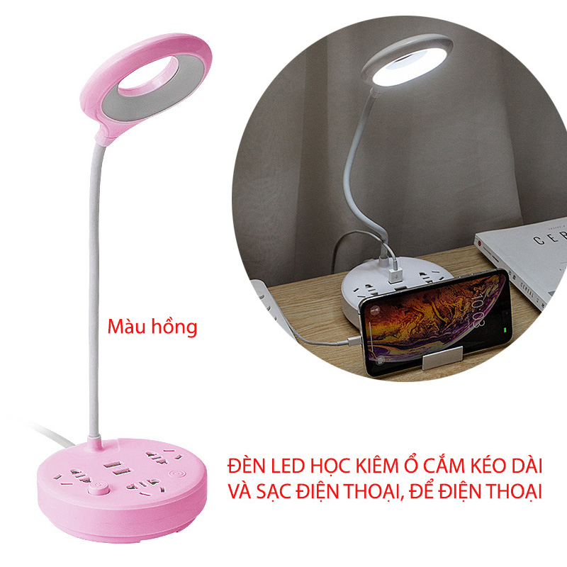 Đèn Led đọc sách để bàn kiêm ổ cắm thông minh kéo dài 1.8m có cổng USB và giá đỡ điện thoại