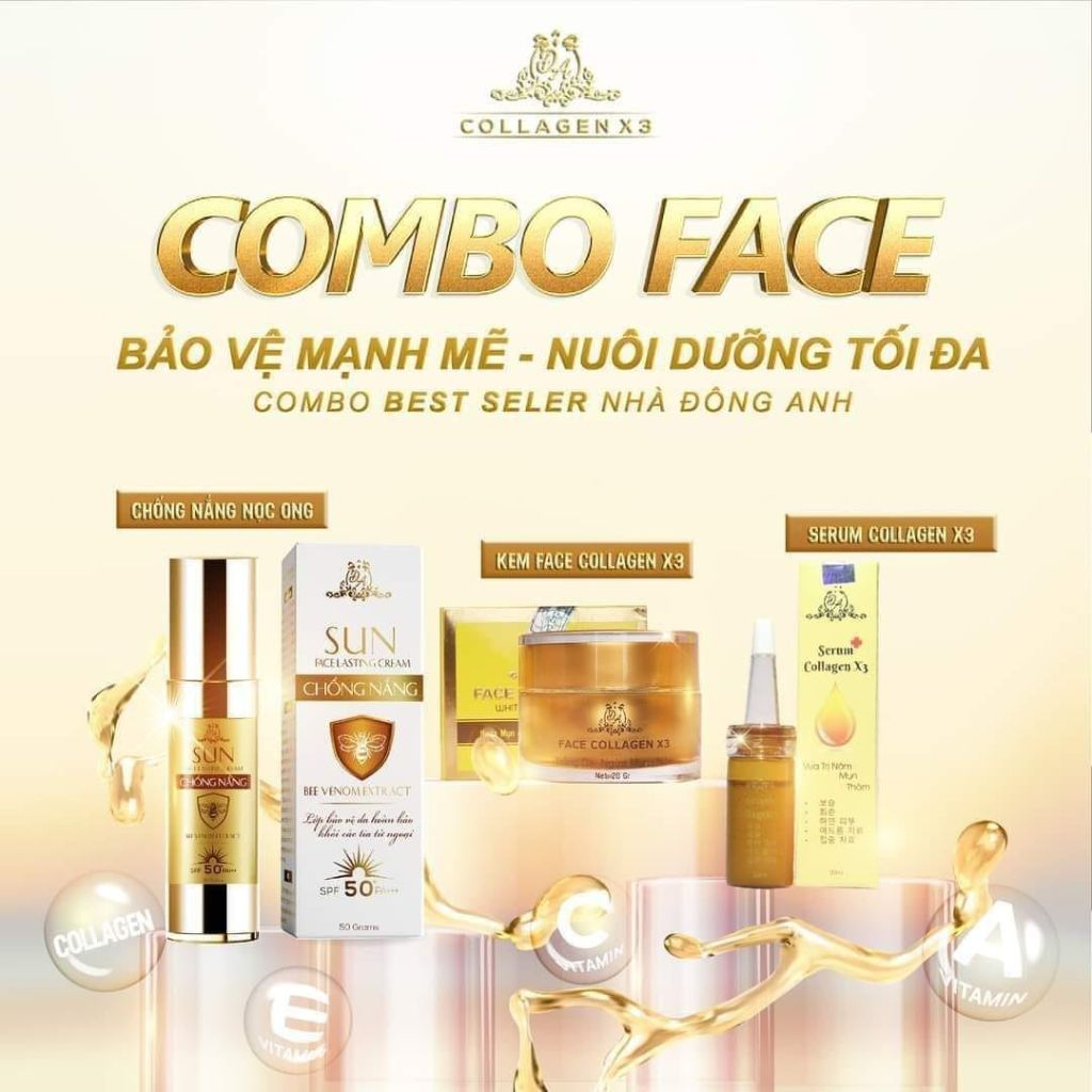 Combo Kem Face - Serum - Chống Nắng Collagen X3 Dưỡng Trắng Dưỡng Ẩm Da Mỹ Phẩm Đông Anh Chính Hãng CB01